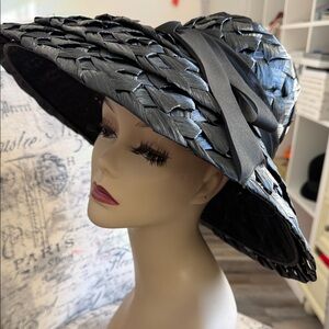 Large Black Woven Straw  Hat by Cathay California ~ Wide Brim Antique 40-60th